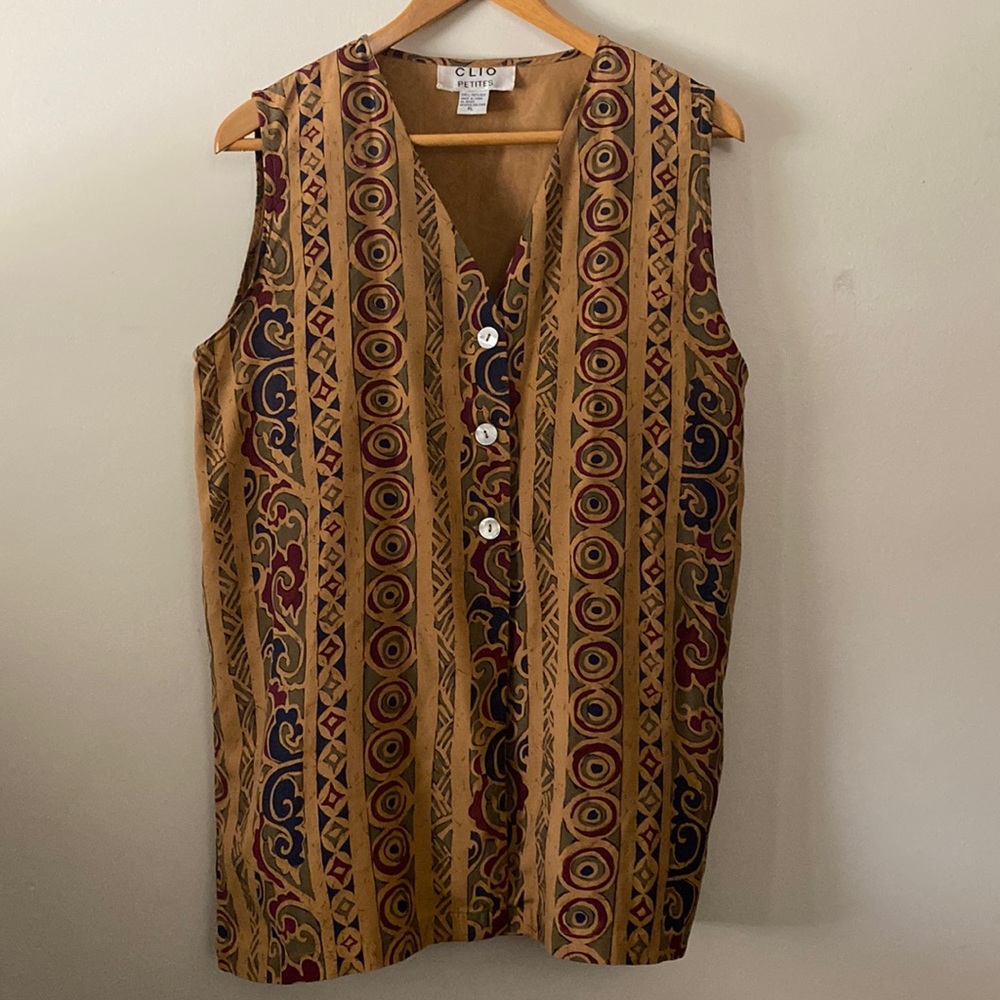 Clio Petites | Soft 100% Silk African Brown Vintage Print Button Up Shirt